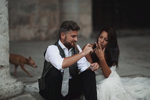 Wedding, Couple, Cigars, Smoking